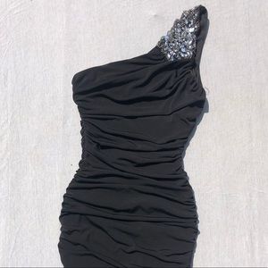 One Shoulder Ruched Cocktail Dress in Black/Silver
